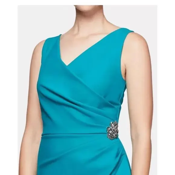 NWT Alex Evenings Women Teal Compression Embellished Ruched Sheath Dress Size 10 - Picture 3 of 12